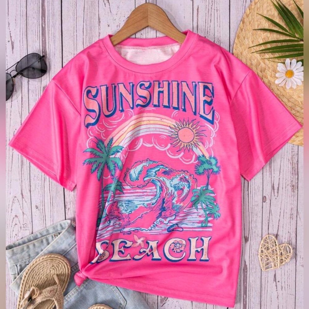 Juniors Pink Tropical Beach T Shirt